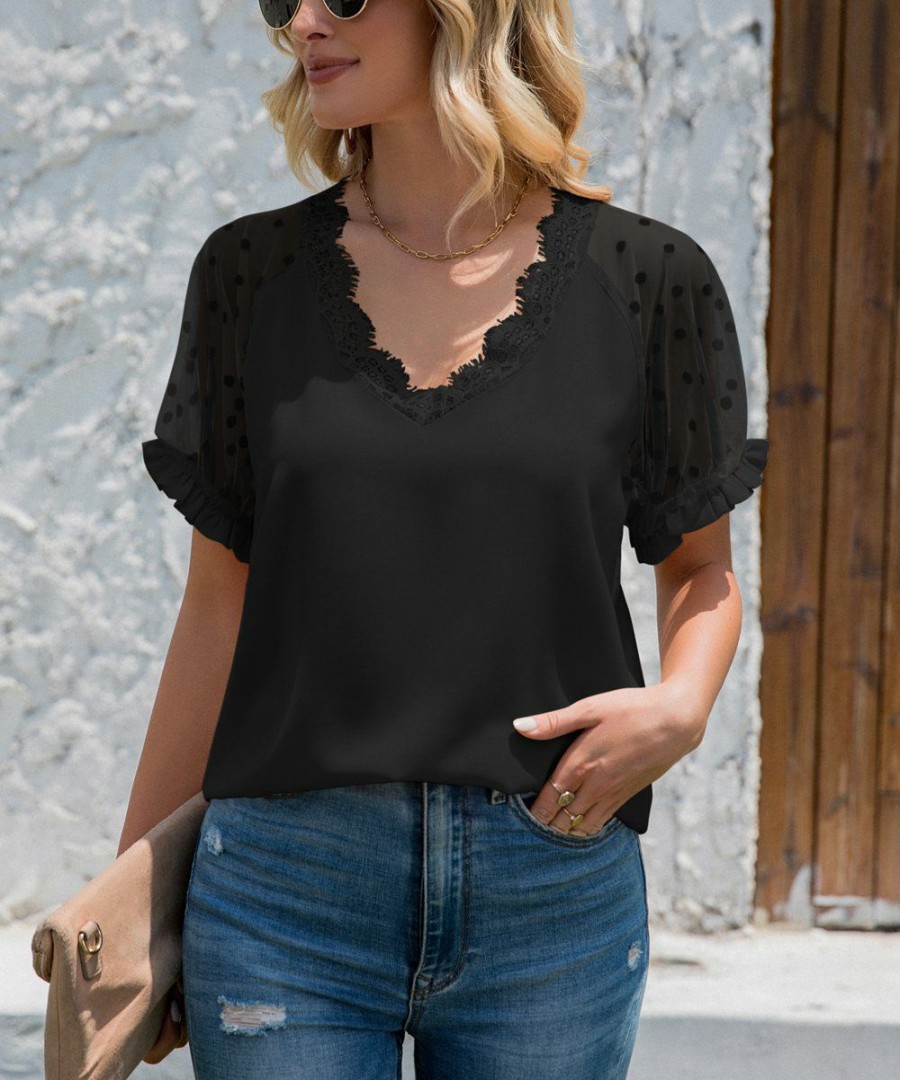 * Other | Wholesale Camisa Black Lace-Accent Hollow-Out V-Neck Top Women