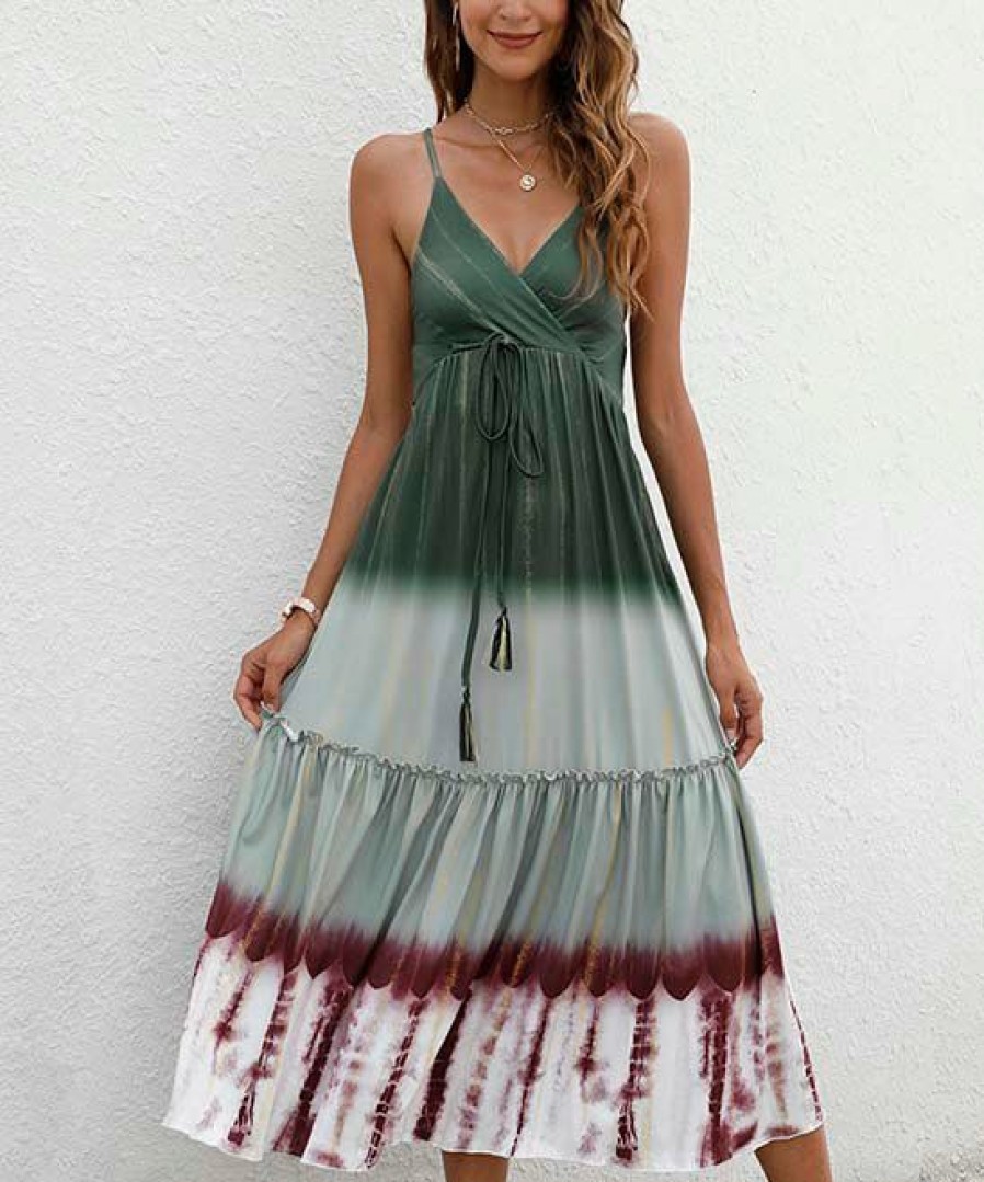 * Clothing | Best Deal Camisa Green Ombre Tie-Dye Tie-Waist Surplice Maxi Dress Women