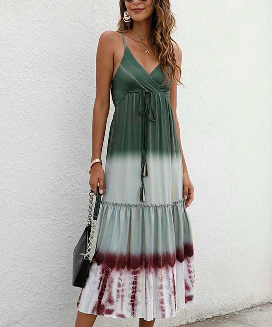 * Clothing | Best Deal Camisa Green Ombre Tie-Dye Tie-Waist Surplice Maxi Dress Women