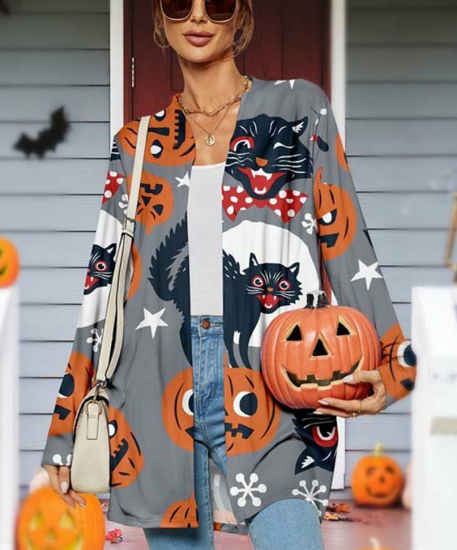 * Clothing | Wholesale Camisa Gray & Orange Cat & Jack-O'-Lantern Open Cardigan Women