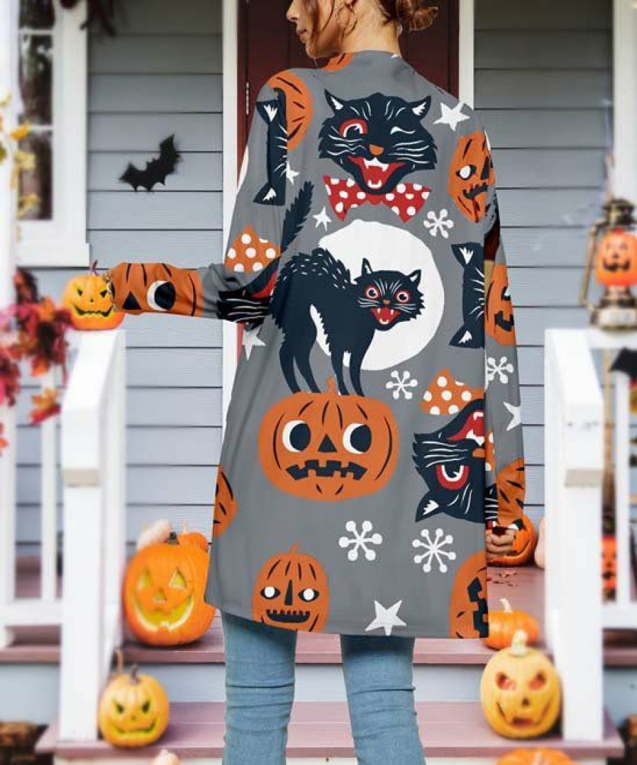 * Clothing | Wholesale Camisa Gray & Orange Cat & Jack-O'-Lantern Open Cardigan Women