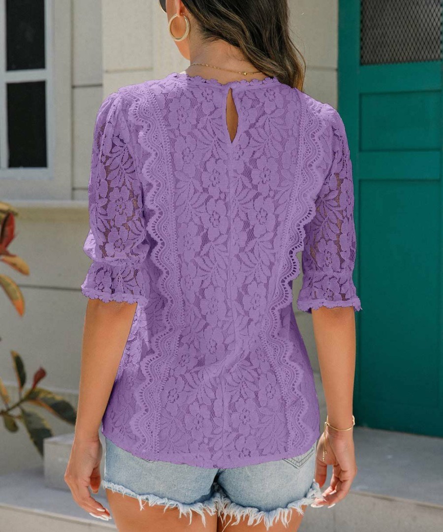 * Clothing | Outlet Camisa Purple Floral Lace Crochet V-Neck Poet-Sleeve Top Women