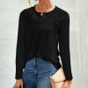 * Clothing | Best Deal Camisa Black Lace-Yoke Long-Sleeve Crewneck Top Women