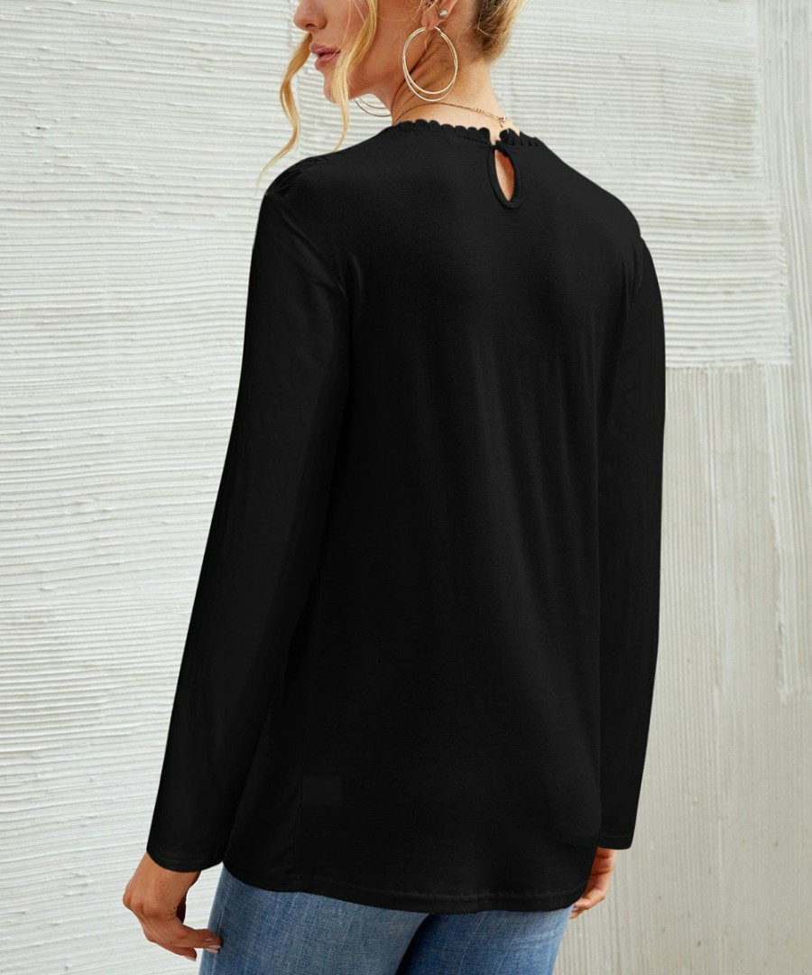 * Clothing | Best Deal Camisa Black Lace-Yoke Long-Sleeve Crewneck Top Women