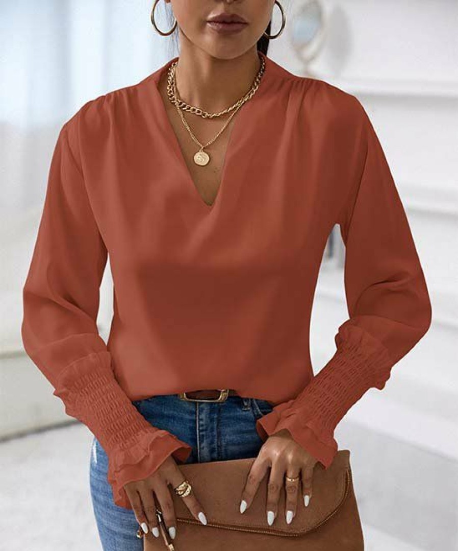 * Clothing | Brand New Camisa Fire Brick Ruffle-Sleeve V-Neck Top Women