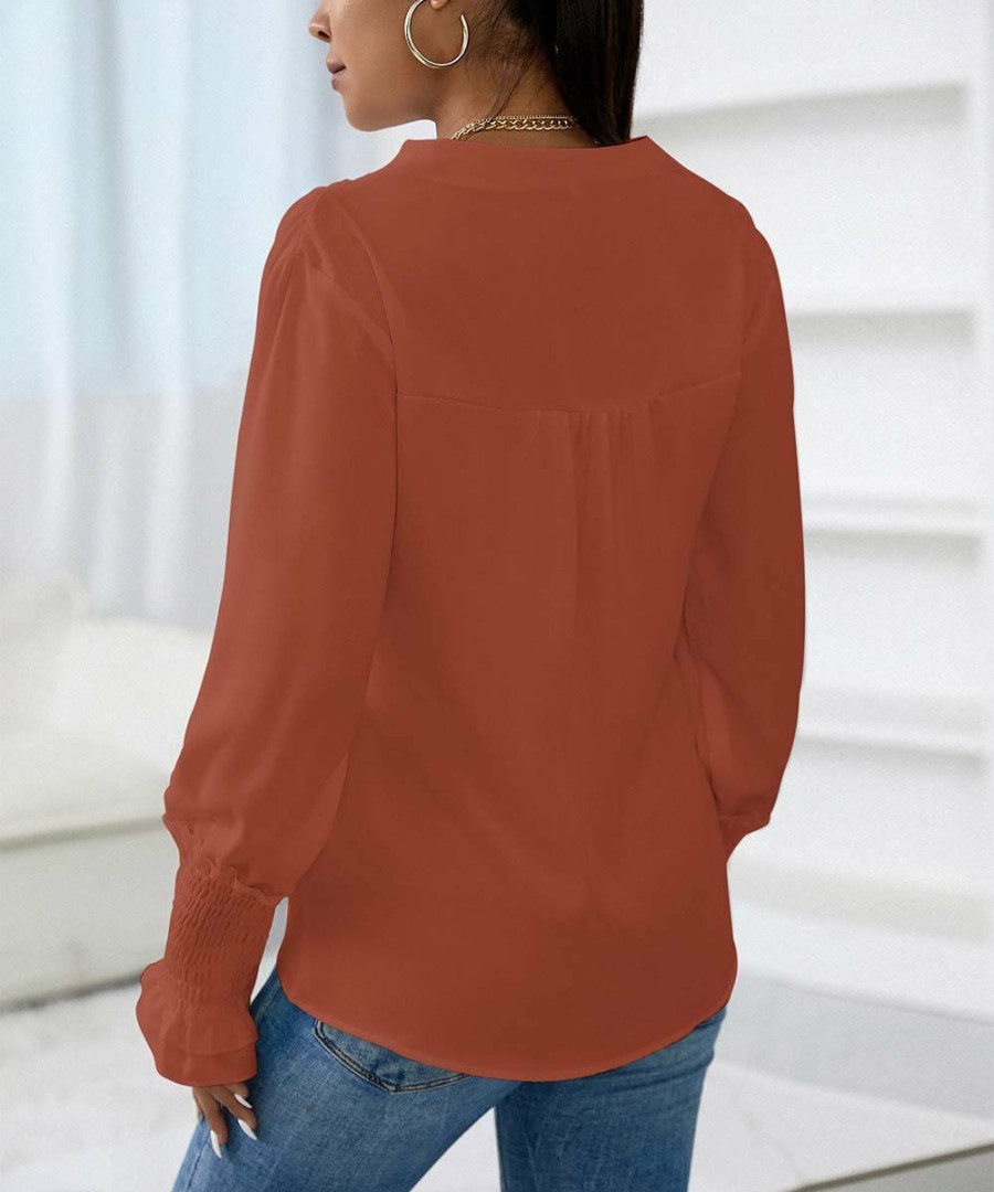 * Clothing | Brand New Camisa Fire Brick Ruffle-Sleeve V-Neck Top Women