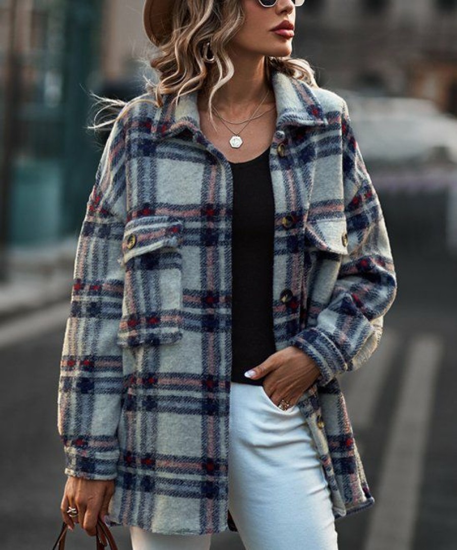 * Clothing | Hot Sale Camisa Blue Plaid Pocket Shacket Women