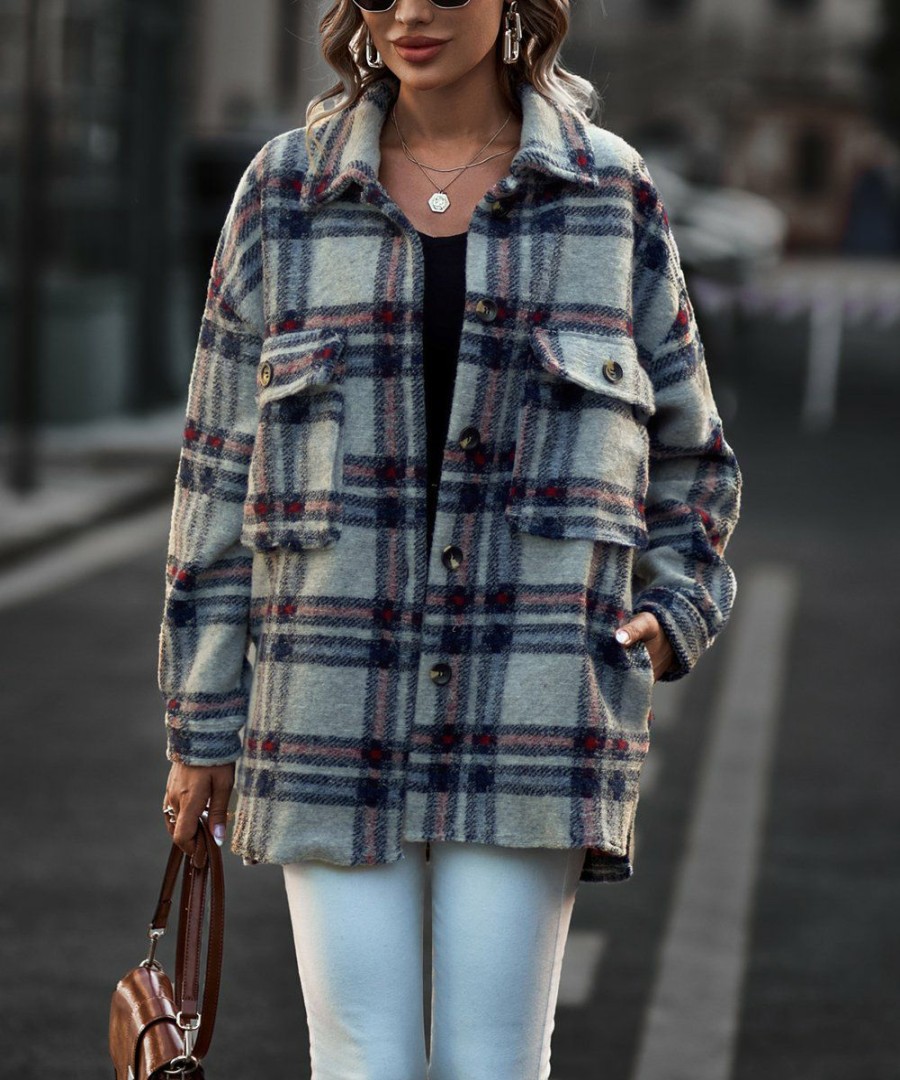 * Clothing | Hot Sale Camisa Blue Plaid Pocket Shacket Women