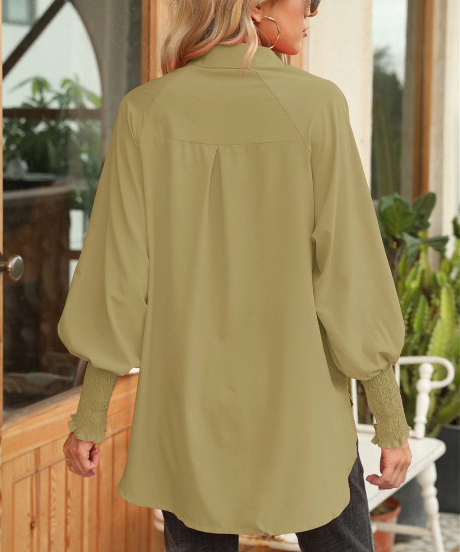 * Other | Deals Camisa Khaki Smocked Bishop-Sleeve Hi-Low Button-Up Women