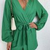 * Clothing | Budget Camisa Green Button-Front Poet-Sleeve Romper Women