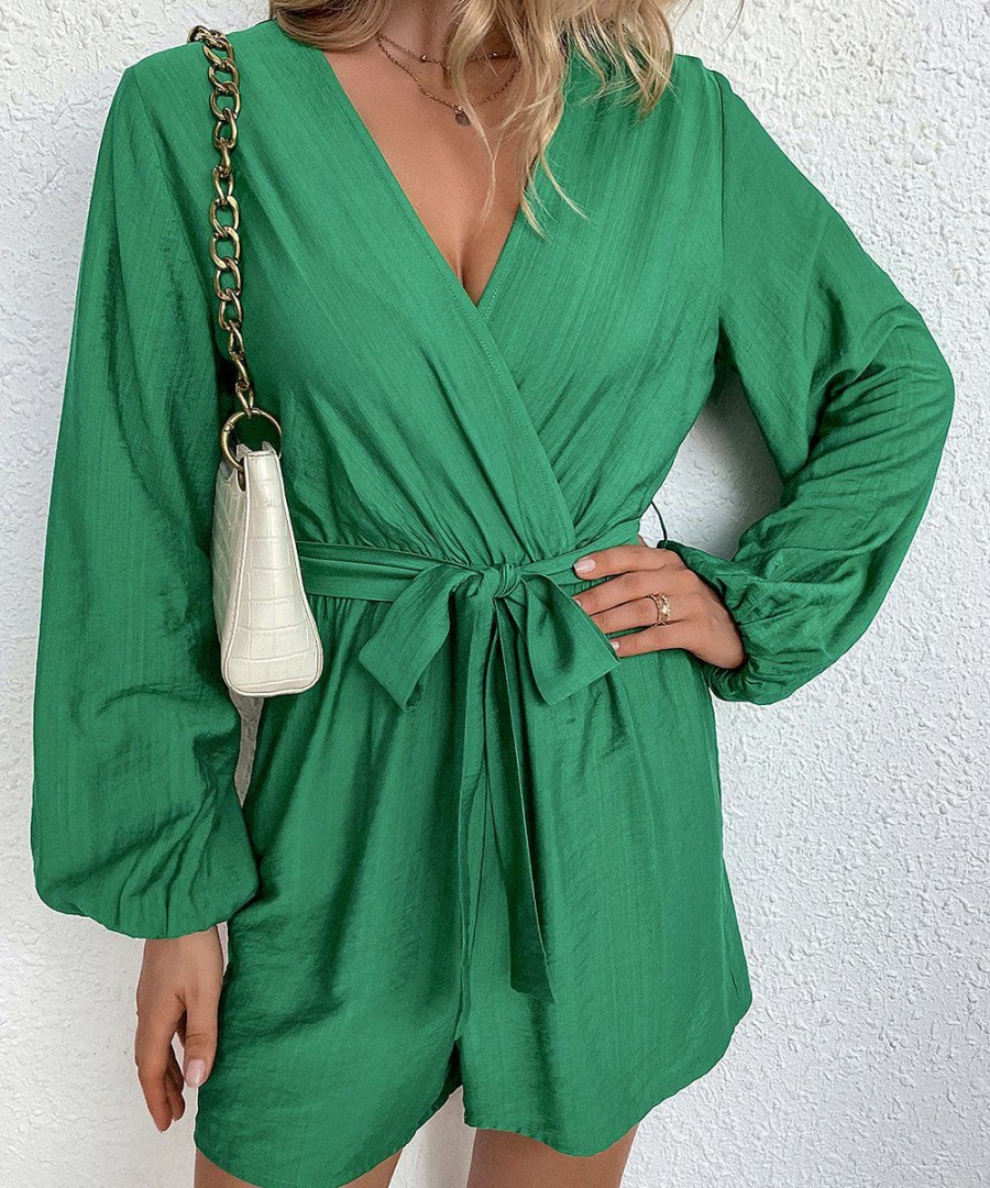 * Clothing | Budget Camisa Green Button-Front Poet-Sleeve Romper Women