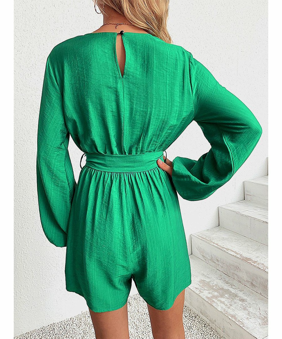 * Clothing | Budget Camisa Green Button-Front Poet-Sleeve Romper Women