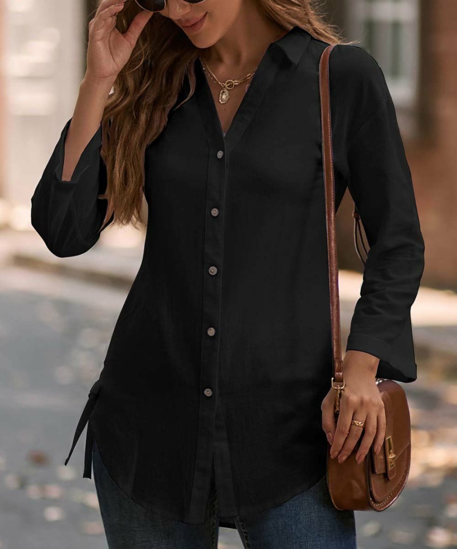 * Clothing | Top 10 Camisa Black Curved-Hem Button-Up Women