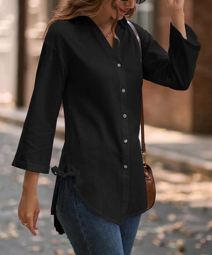 * Clothing | Top 10 Camisa Black Curved-Hem Button-Up Women