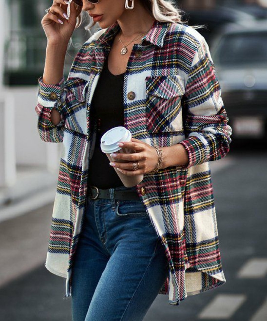 * Clothing | Budget Camisa White Plaid Pocket Shacket Women