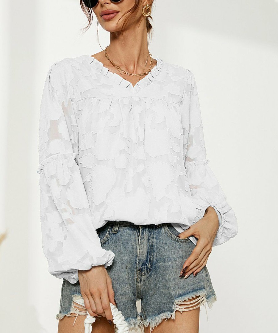 * Other | Brand New Camisa White Floral-Textured Puff-Sleeve V-Neck Top Women