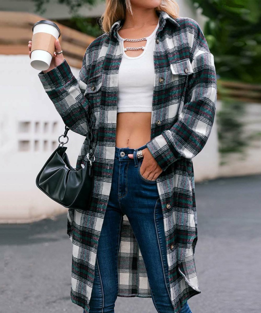 * Clothing | Hot Sale Camisa Green & White Plaid Button-Up Shacket Women