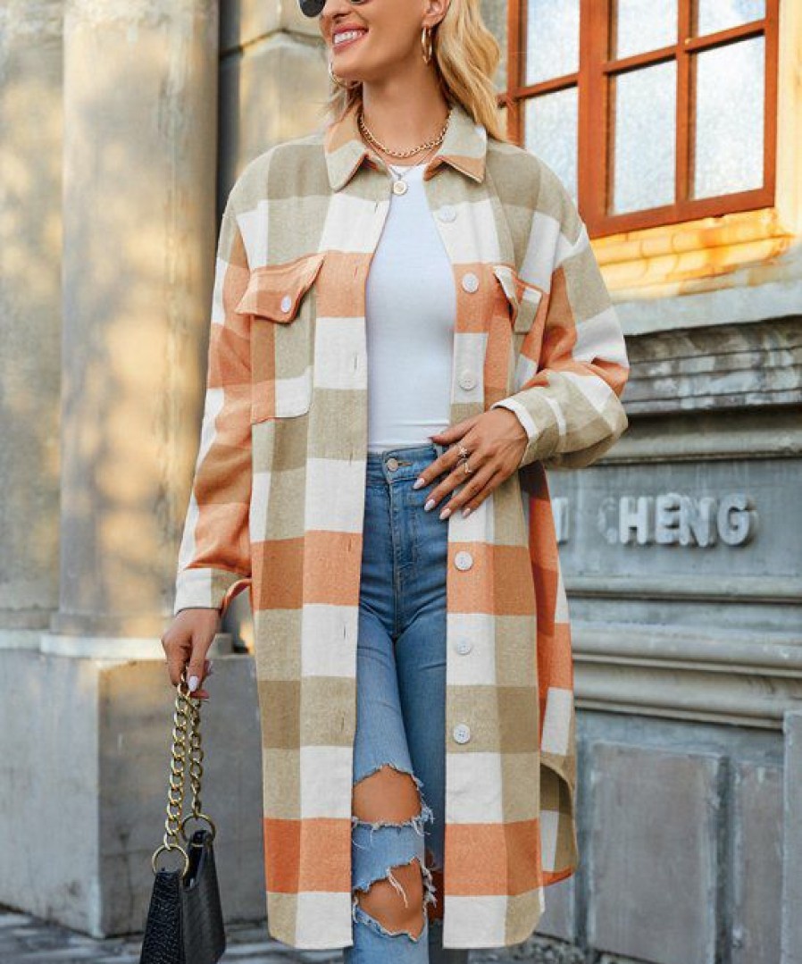 * Clothing | Cheapest Camisa Orange & White Check Pocket Button-Up Coat Women