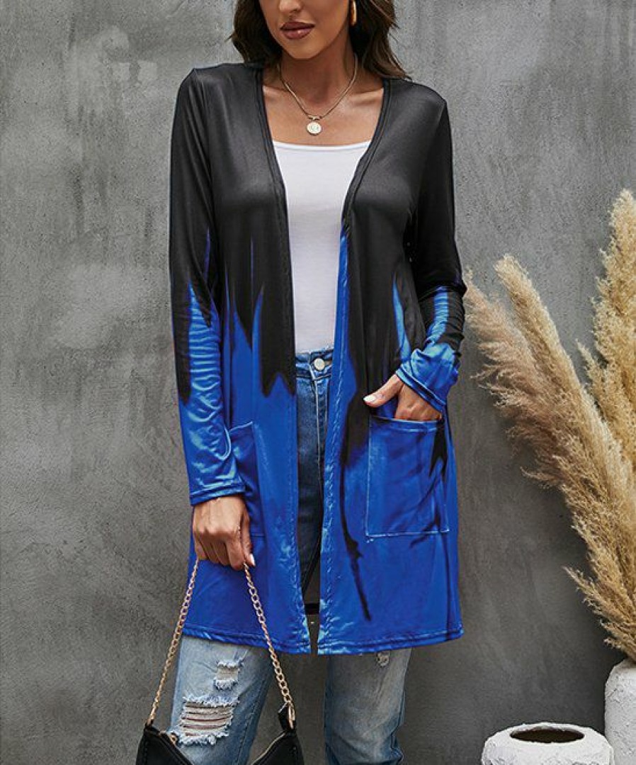 * Clothing | Hot Sale Camisa Deep Blue & Black Dip-Dye Pocket Open Cardigan Women