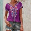 * Clothing | Budget Camisa Purple & Blue Floral Short-Sleeve Notch Neck Top Women