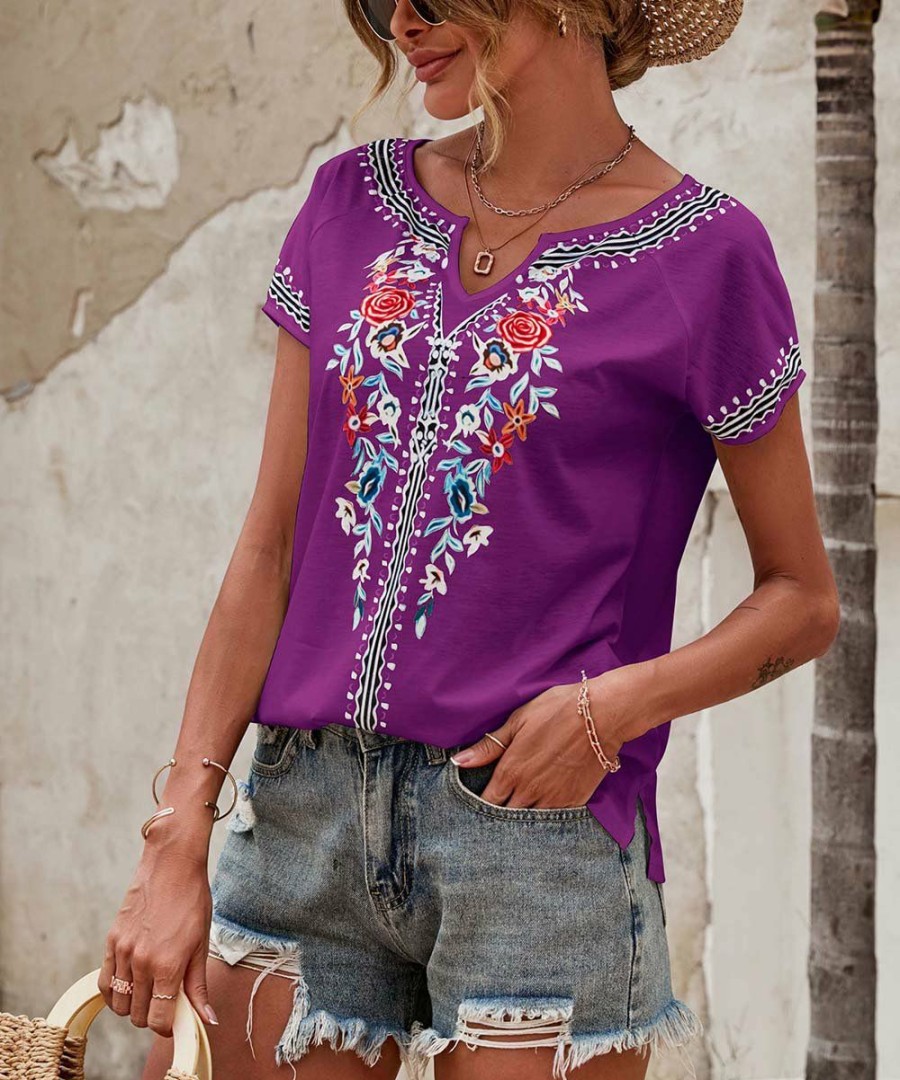 * Clothing | Budget Camisa Purple & Blue Floral Short-Sleeve Notch Neck Top Women