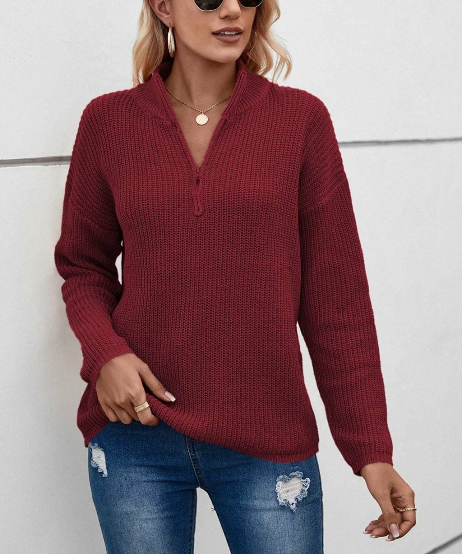 * Clothing | Best Pirce Camisa Wine Quarter-Zip Turtleneck Women