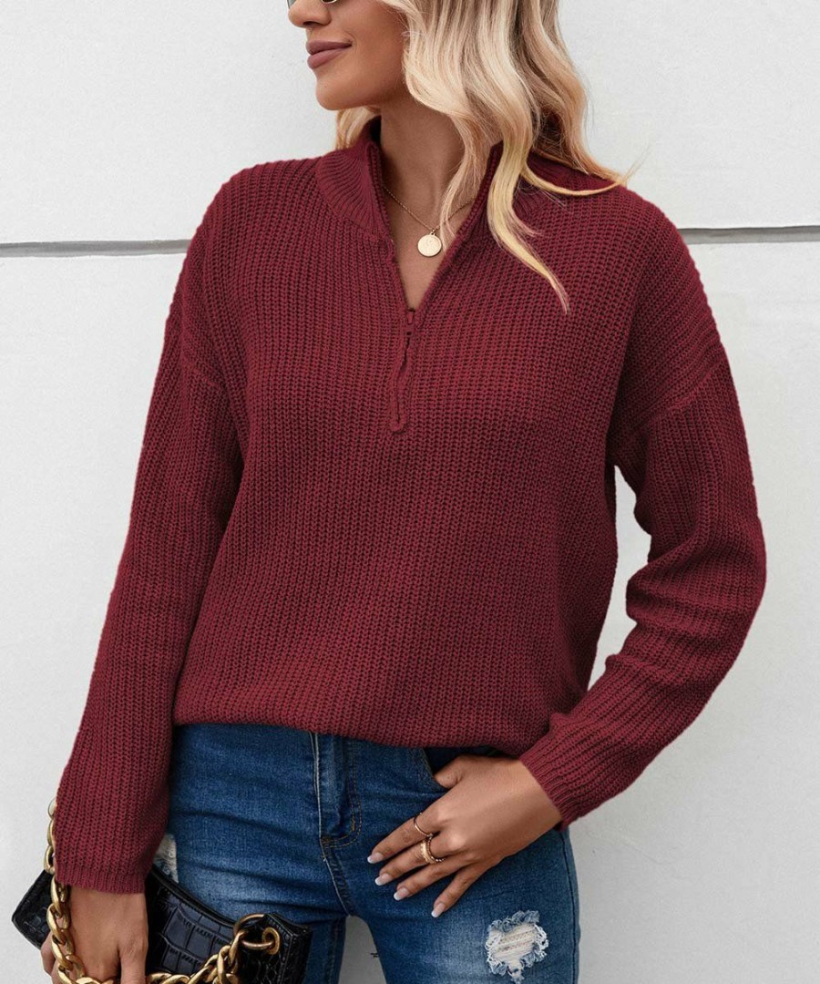 * Clothing | Best Pirce Camisa Wine Quarter-Zip Turtleneck Women