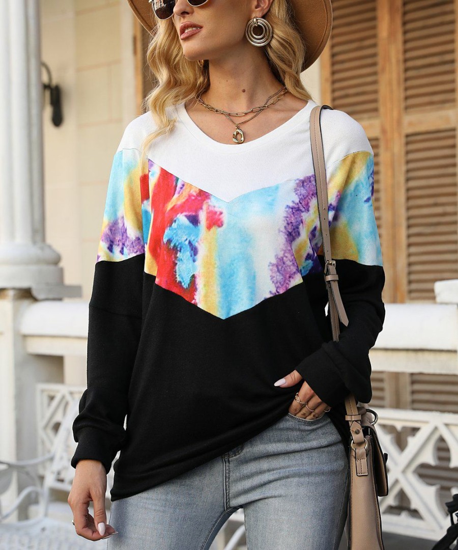 * Clothing | Cheapest Camisa Black & White Abstract Color-Block Long-Sleeve Top Women