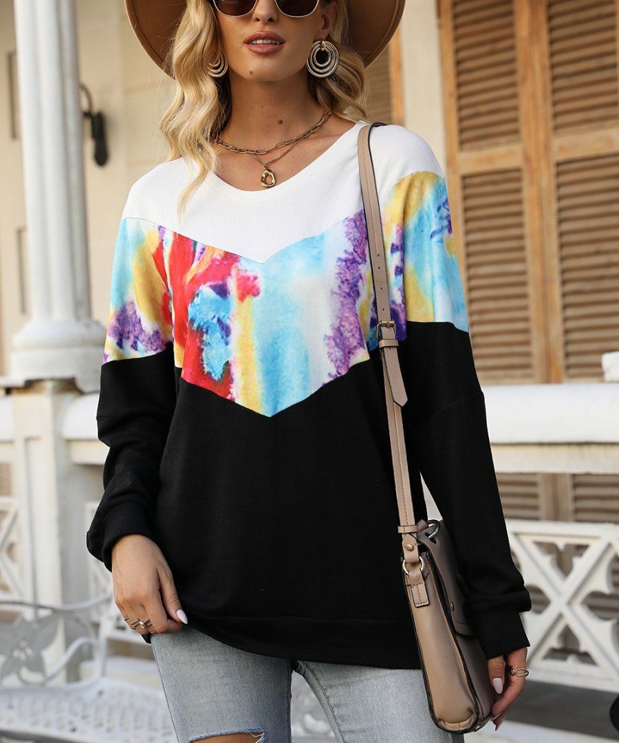 * Clothing | Cheapest Camisa Black & White Abstract Color-Block Long-Sleeve Top Women