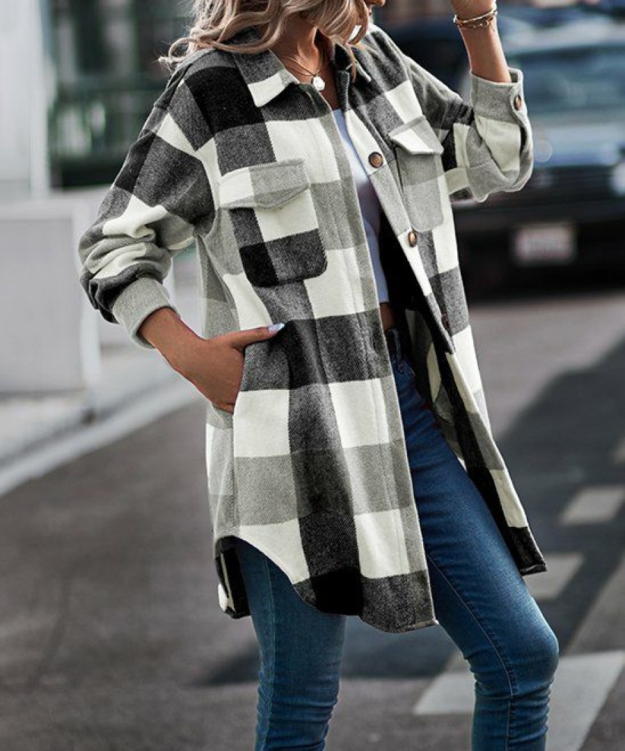 * Clothing | Cheapest Camisa Black Plaid Pocket Longline Shacket Women