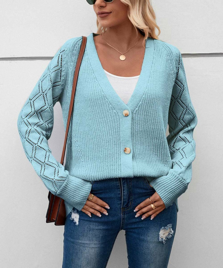 * Clothing | Budget Camisa Blue Diamond-Knit Button-Up V-Neck Cardigan Women