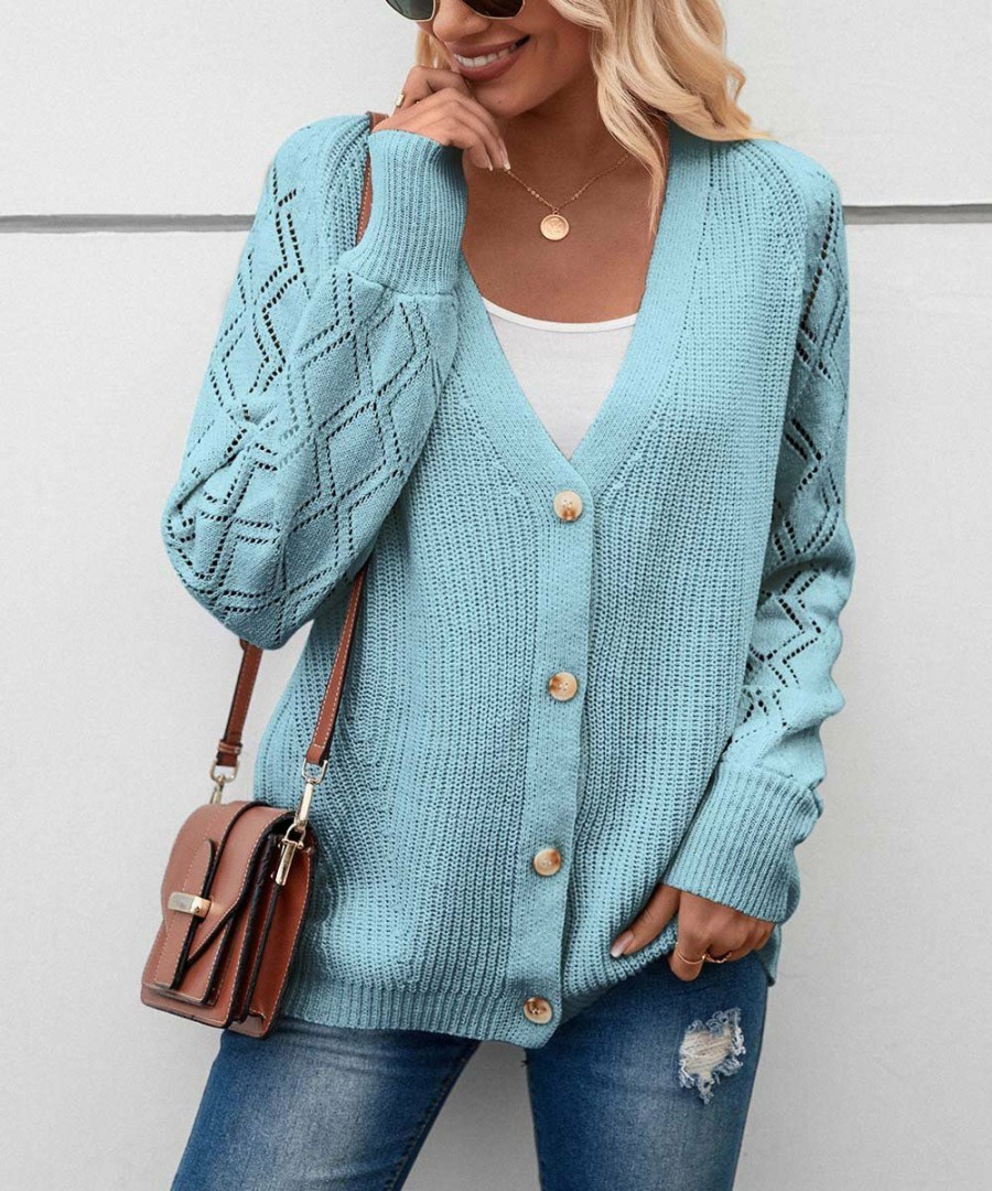 * Clothing | Budget Camisa Blue Diamond-Knit Button-Up V-Neck Cardigan Women