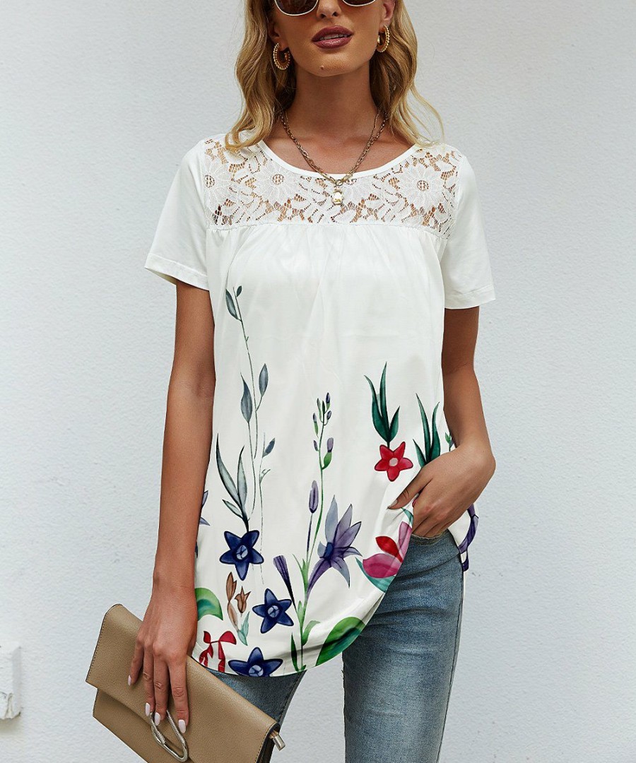 * Clothing | New Camisa White & Purple Growing Florals Lace-Neck A-Line Top Plus