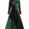 * Clothing | Brand New Camisa Black & Green Plaid Spliced Bow-Accent Mock Neck A-Line Dress Women