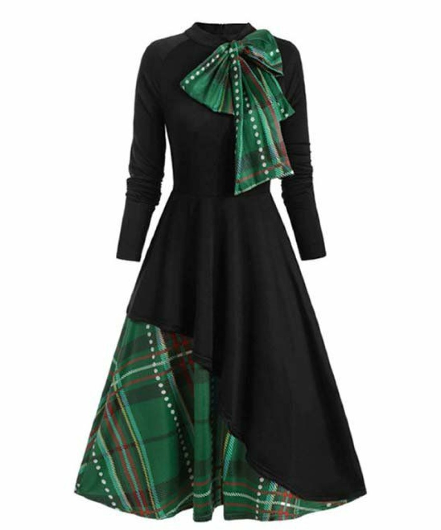 * Clothing | Brand New Camisa Black & Green Plaid Spliced Bow-Accent Mock Neck A-Line Dress Women