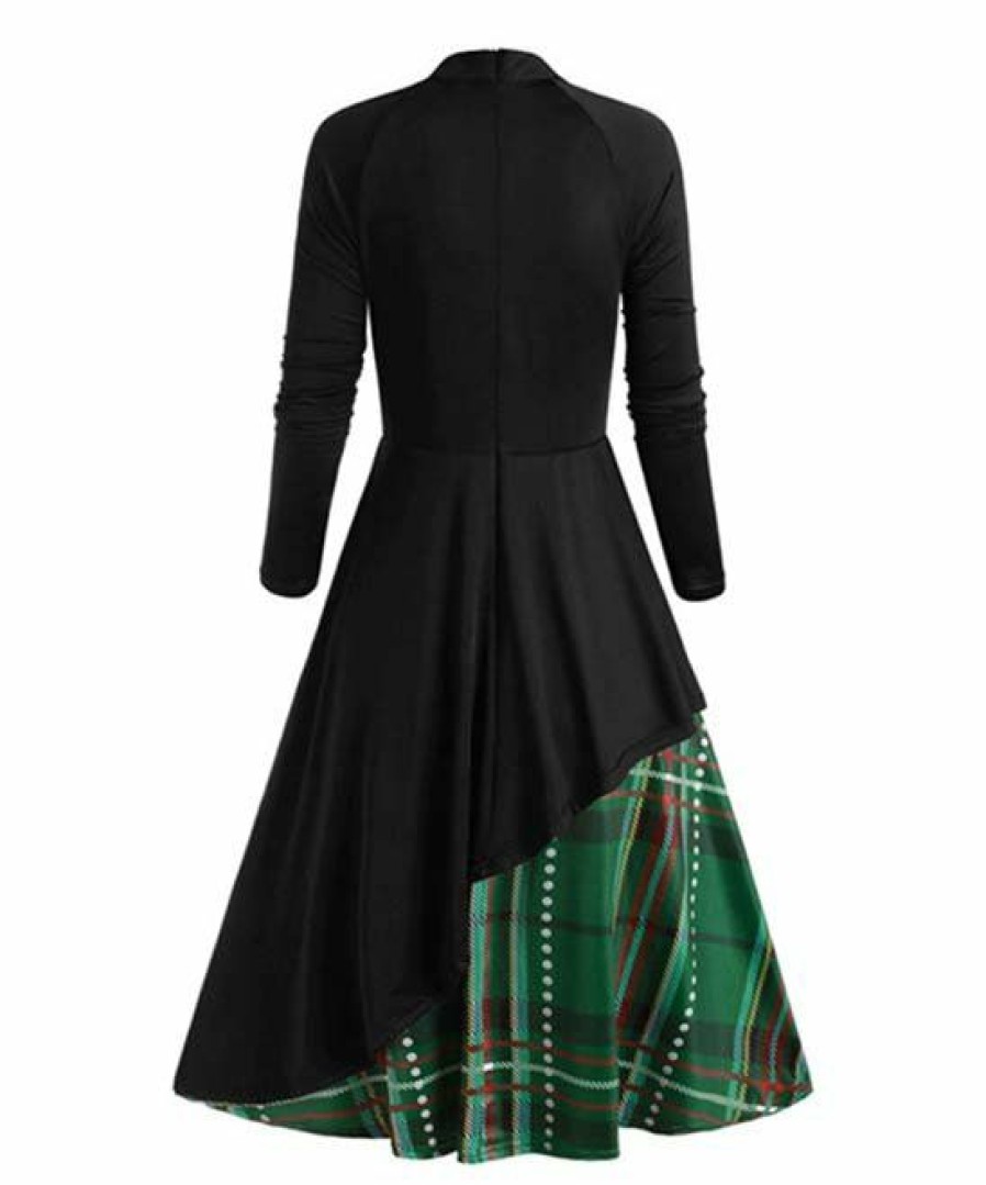 * Clothing | Brand New Camisa Black & Green Plaid Spliced Bow-Accent Mock Neck A-Line Dress Women