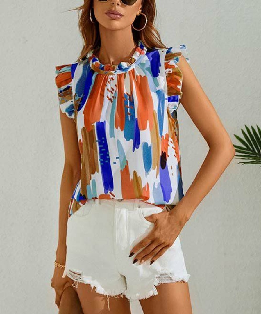 * Clothing | Brand New Camisa Red & Blue Abstract Angel-Sleeve Tank Women