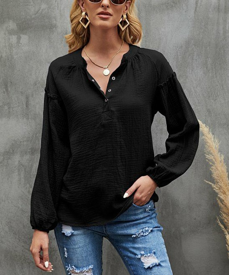 * Clothing | Budget Camisa Black Puff-Sleeve Henley Women