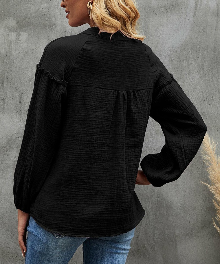 * Clothing | Budget Camisa Black Puff-Sleeve Henley Women