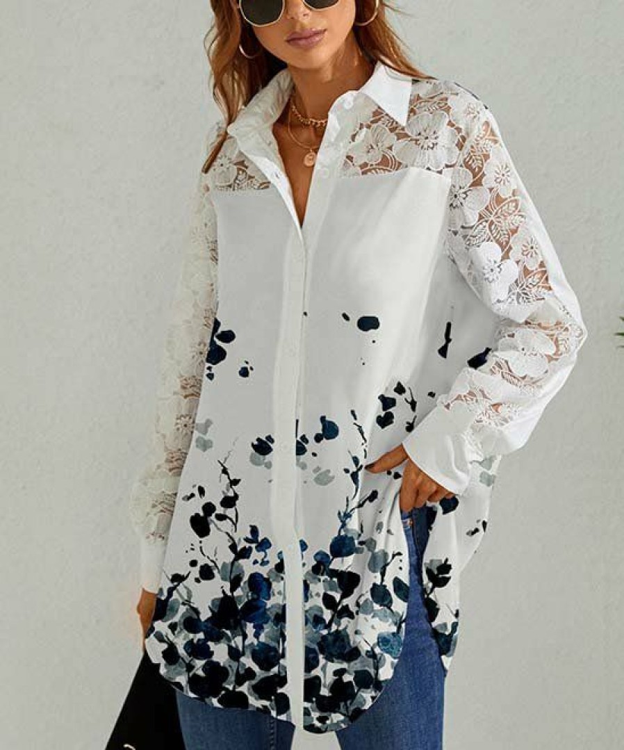 * Clothing | Best Sale Camisa White & Blue Floral Lace-Accent Button-Up Tunic Women