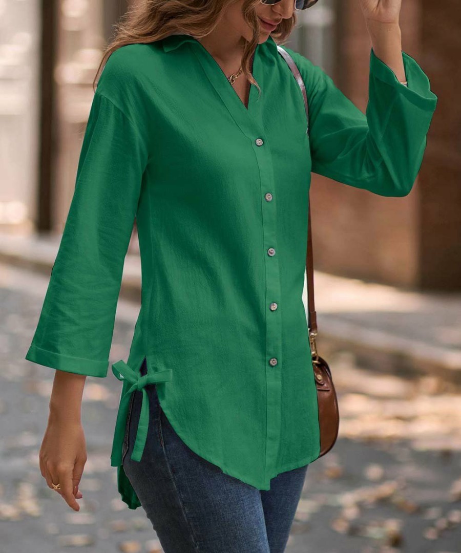 * Clothing | Cheap Camisa Green Bell-Sleeve Button-Up Blouse Women