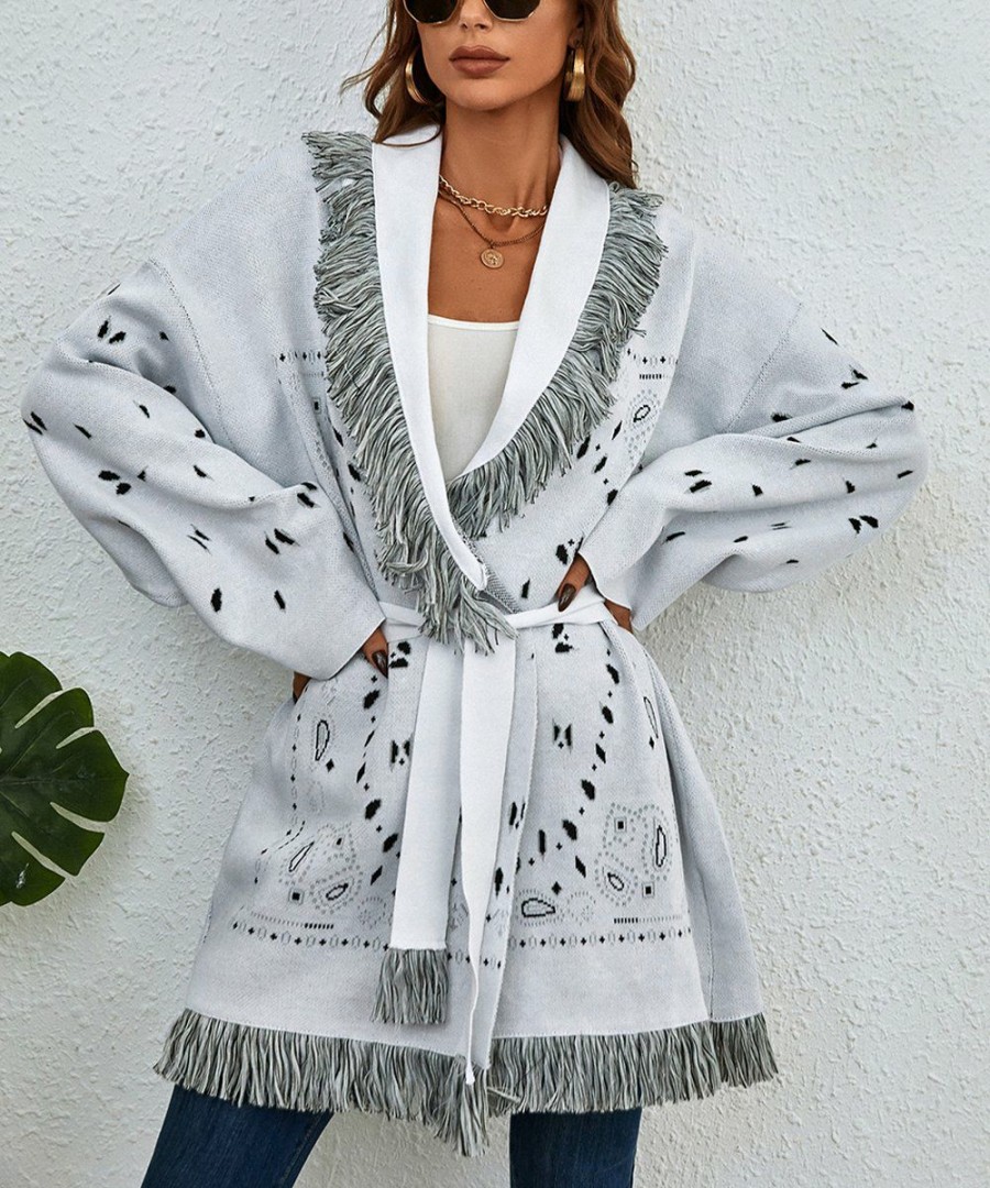 * Clothing | New Camisa White Abstract Tassel Knit Cardigan Women