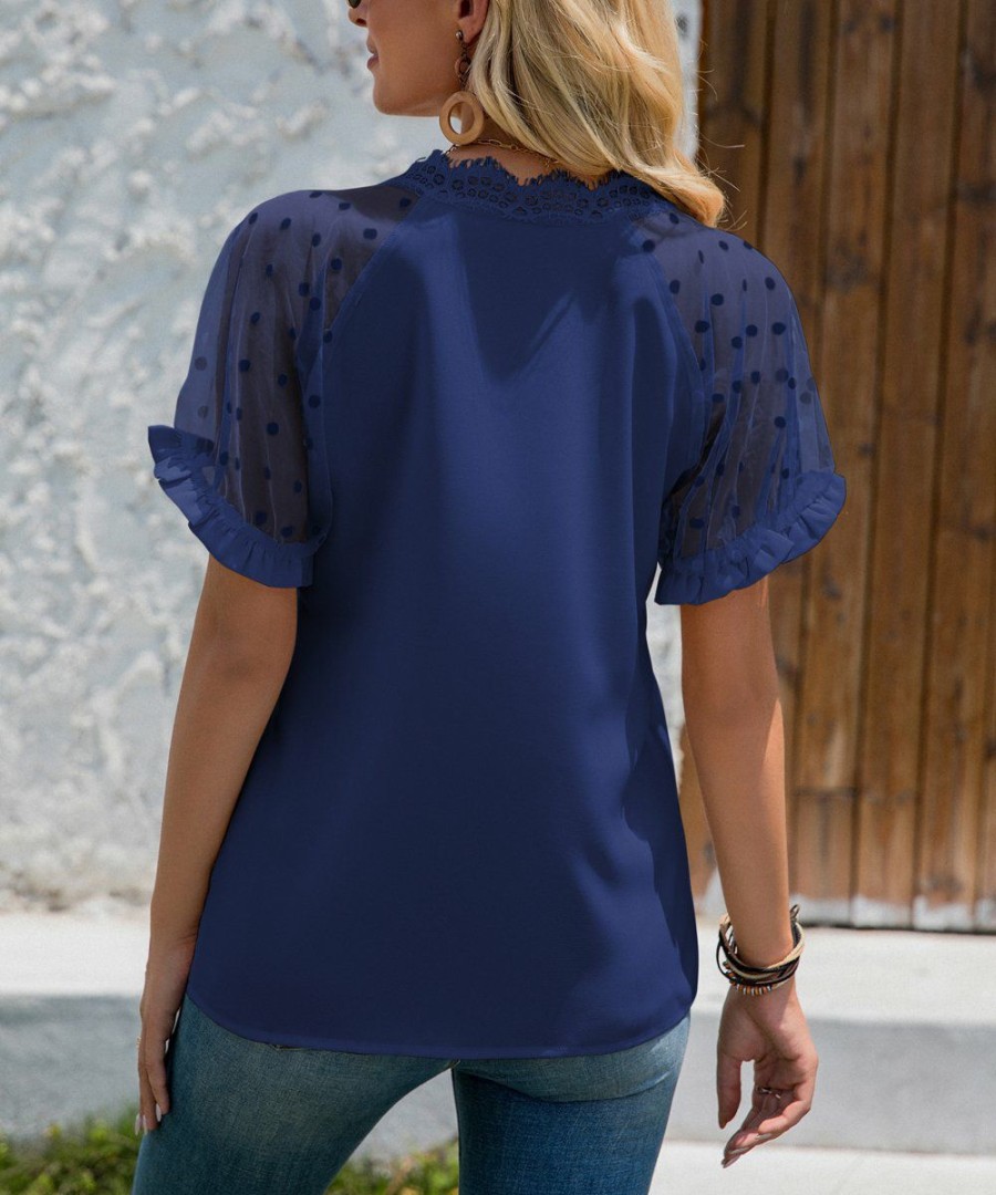 * Clothing | Best Pirce Camisa Navy Lace-Accent Hollow-Out V-Neck Top Women