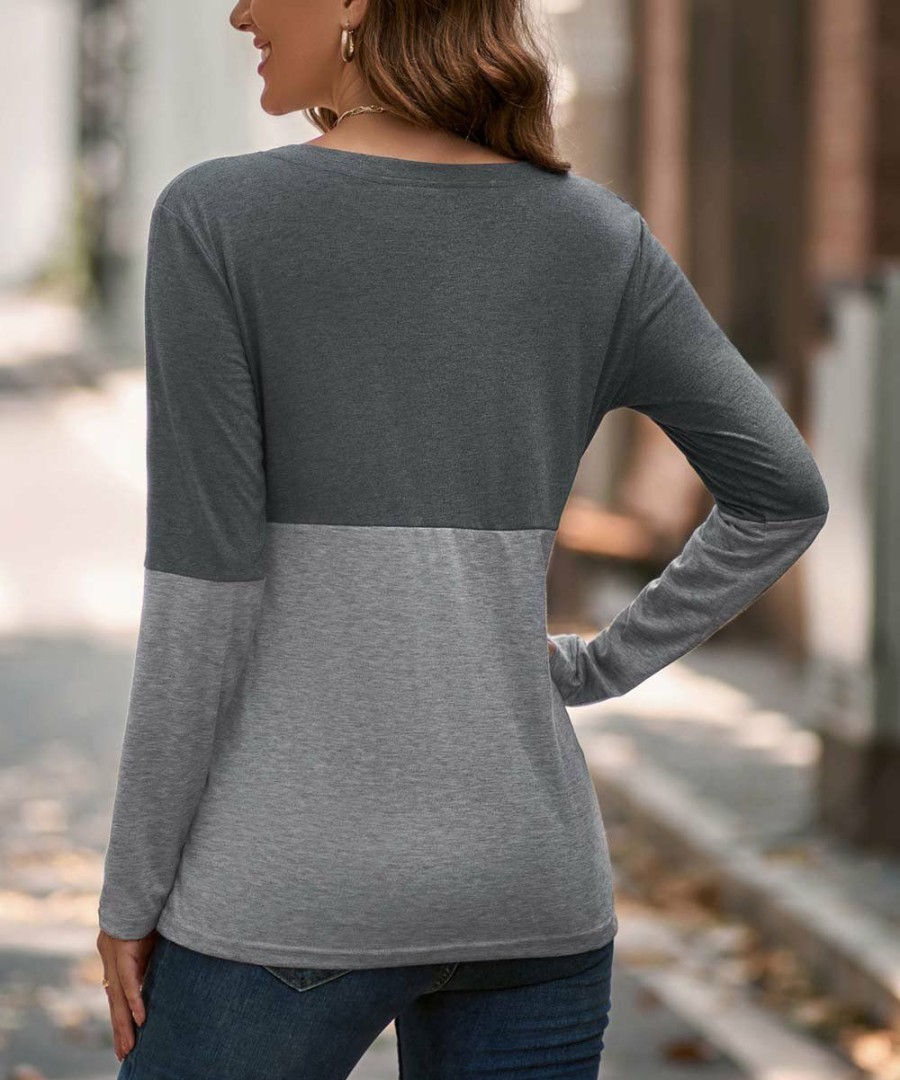 * Clothing | Budget Camisa Gray & Gray Color Block Long-Sleeve V-Neck Top Women