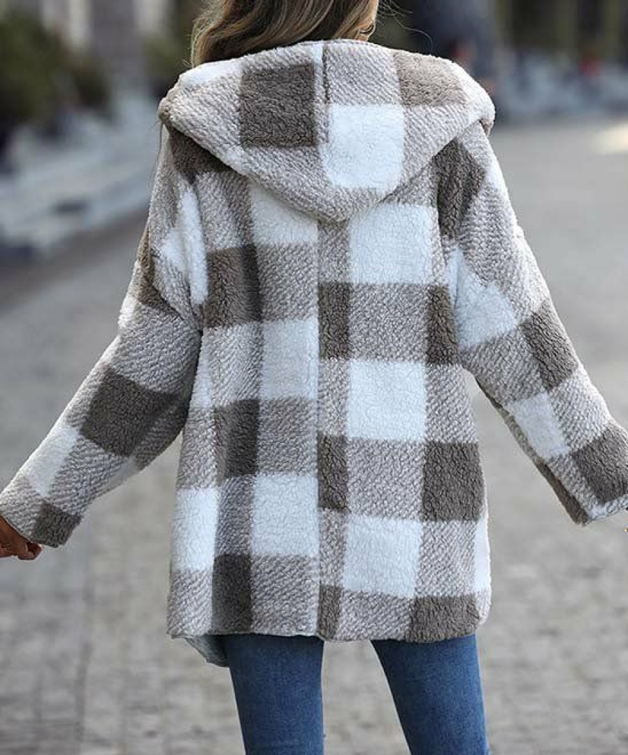 * Clothing | Outlet Camisa Gray & White Plaid Fleece Hooded Jacket Women