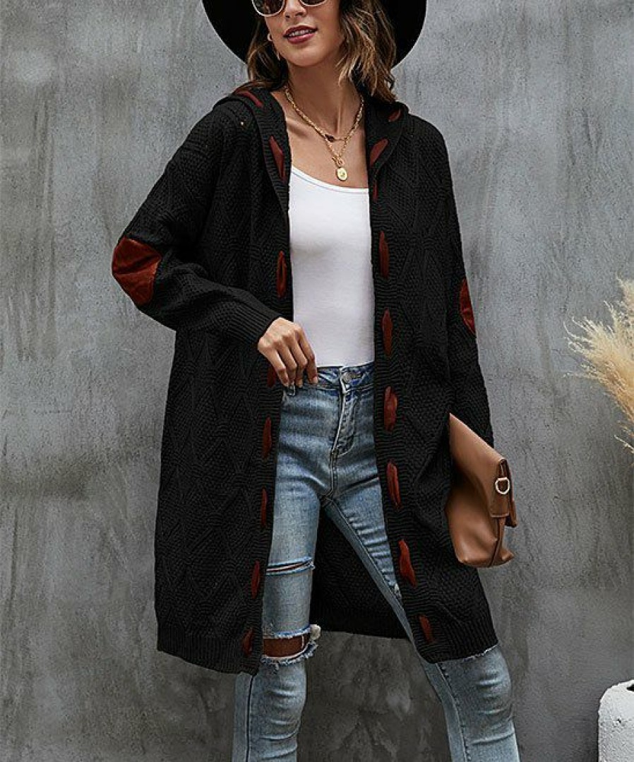 * Clothing | Budget Camisa Black & Brown Stitched Hooded Longline Open Cardigan Women