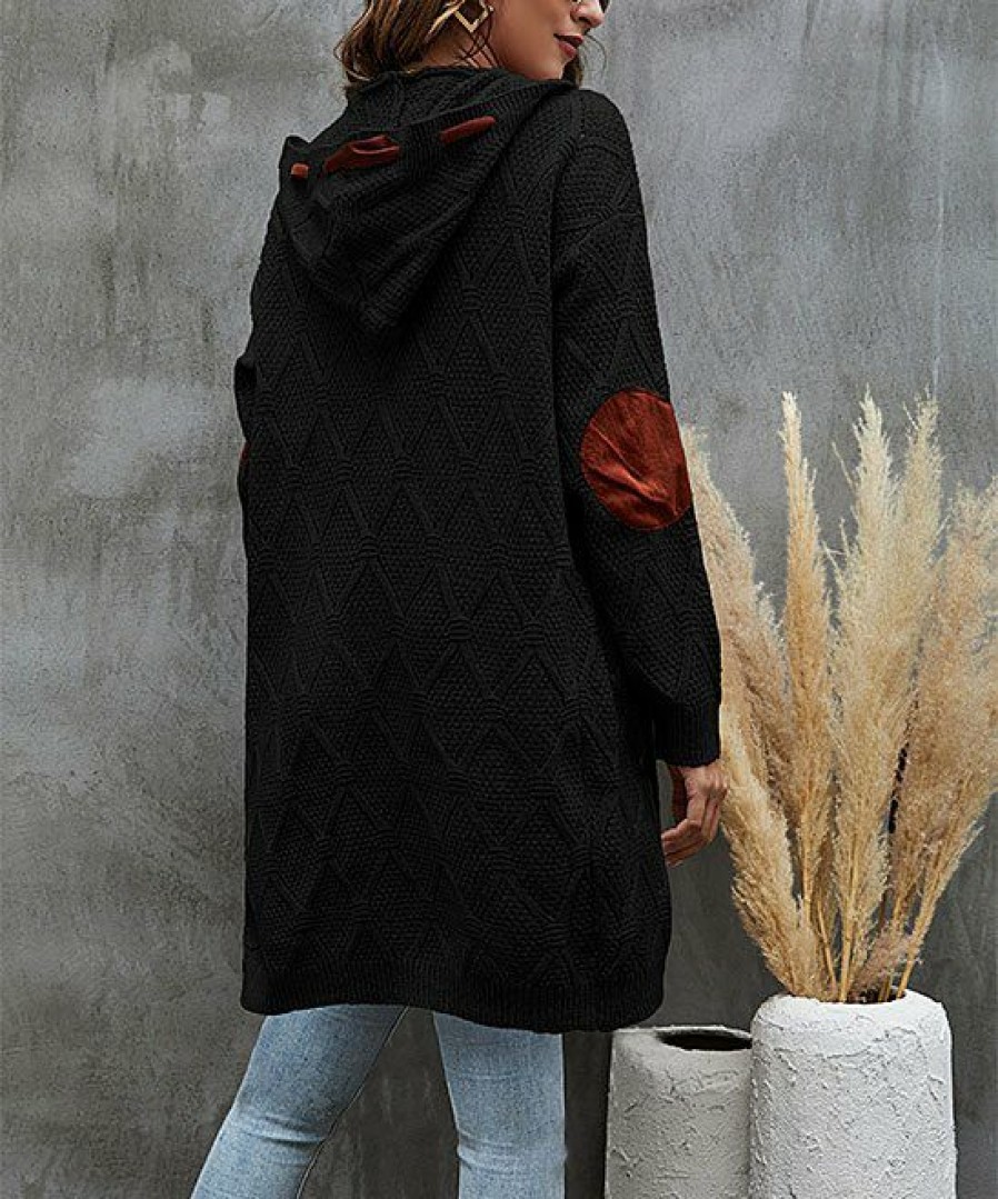 * Clothing | Budget Camisa Black & Brown Stitched Hooded Longline Open Cardigan Women