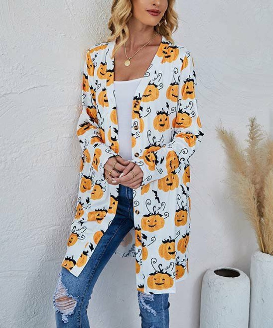 * Clothing | Flash Sale Camisa White & Orange Pumpkin Button-Front Cardigan Women