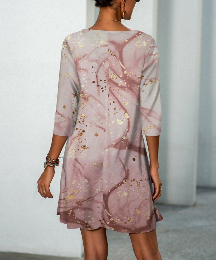 * Clothing | Discount Camisa Pink & Gold Abstract Swirl Half-Sleeve Pocket Shift Dress Women