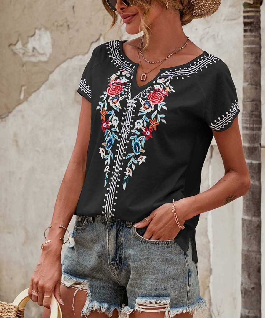 * Clothing | Flash Sale Camisa Black & Blue Floral Short-Sleeve Notch Neck Top Women